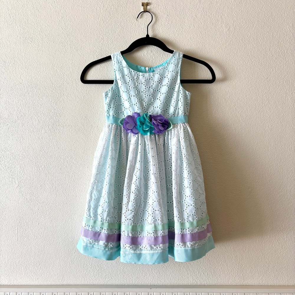 Sweet Heart Rose Girls 5 Blue White Eyelet Floral Ribbon Easter Party Dress